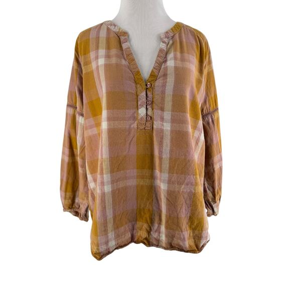 Prana Women's Pink Long Sleeve Elena Popover Plaid Top Size XL - Picture 1 of 6